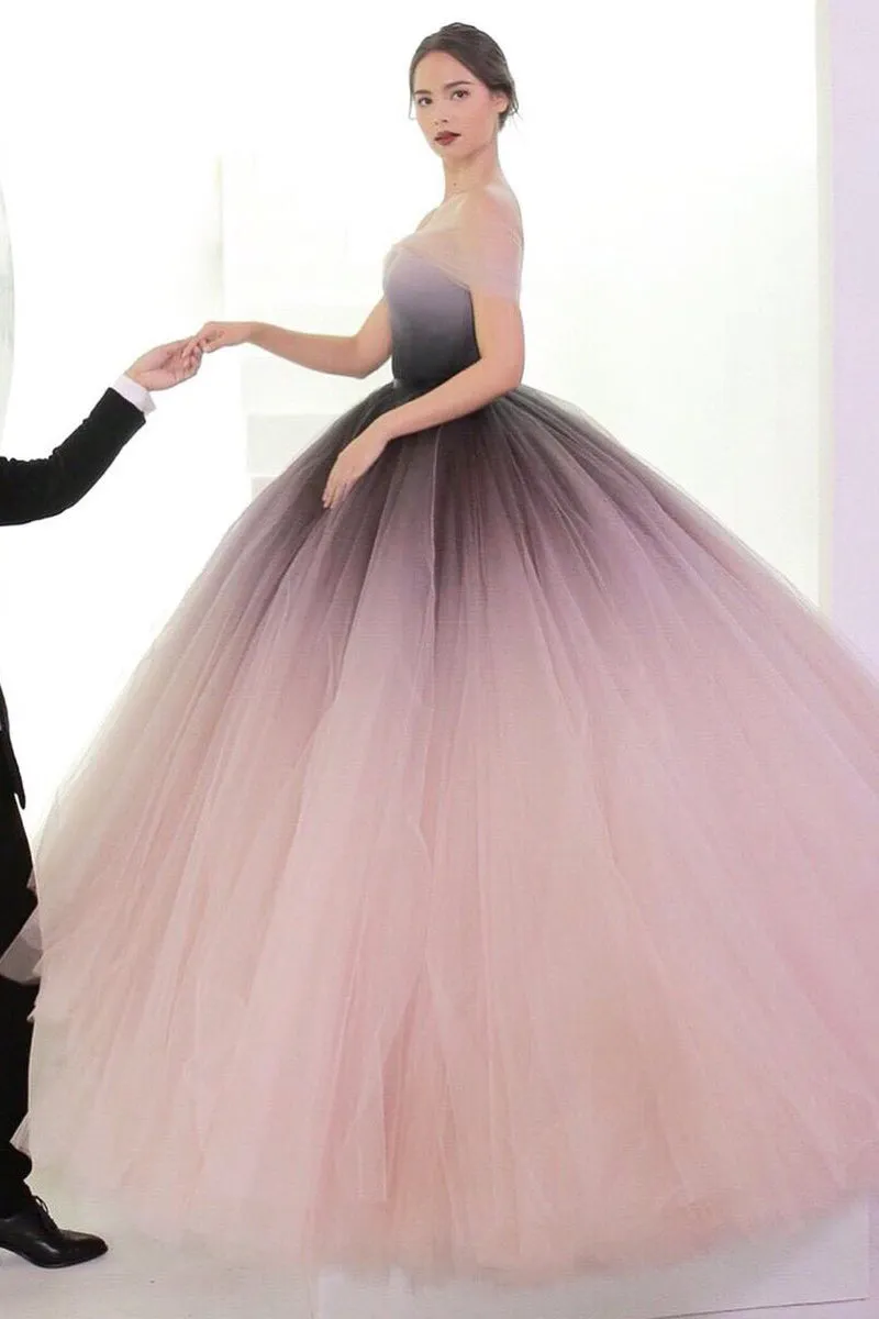 Unique Ball Gown Off-the-shoulder Sweep Train Sleeveless Ombre Long Tulle Prom Dress Evening Dresses OHC113
