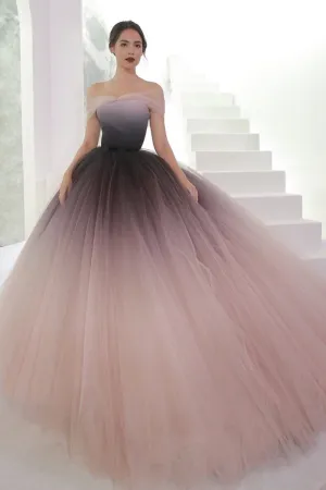 Unique Ball Gown Off-the-shoulder Sweep Train Sleeveless Ombre Long Tulle Prom Dress Evening Dresses OHC113
