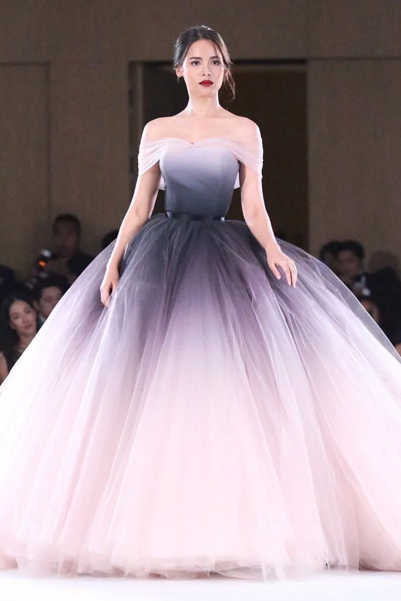Unique Ball Gown Off-the-shoulder Sweep Train Sleeveless Ombre Long Tulle Prom Dress Evening Dresses OHC113