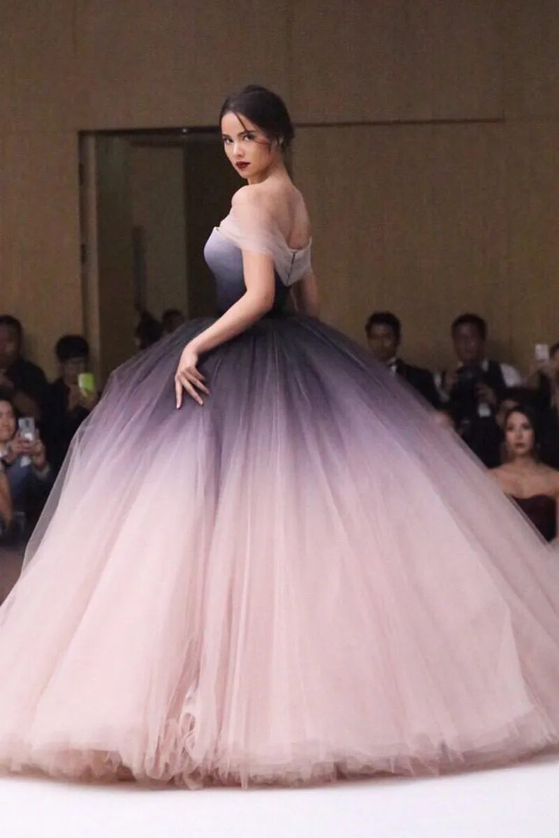 Unique Ball Gown Off-the-shoulder Sweep Train Sleeveless Ombre Long Tulle Prom Dress Evening Dresses OHC113