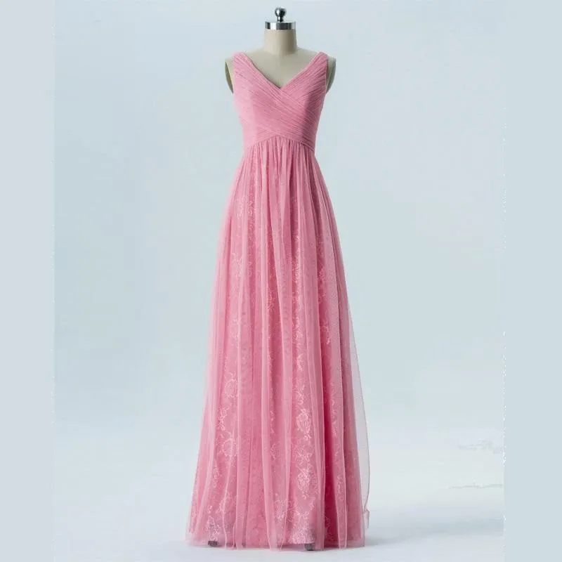 V Neck Pink Lace Cheap Long Bridesmaid Dresses Online, WG288