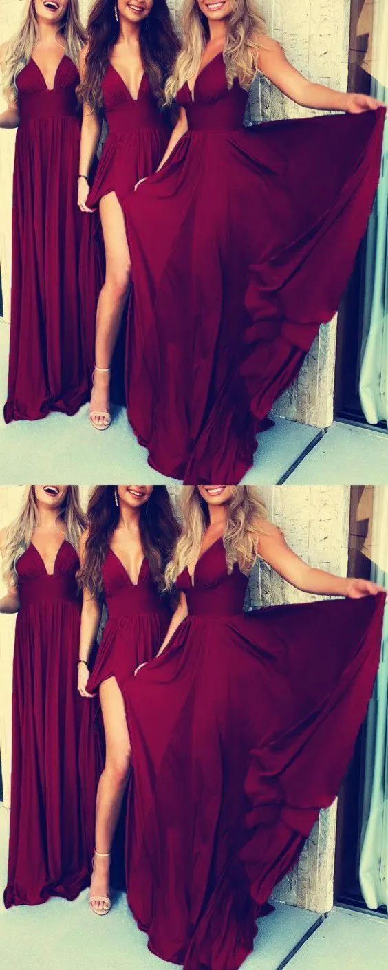 V Neck Side Slit Burgundy Chiffon Cheap Long Bridesmaid Dresses Online, WGY0318