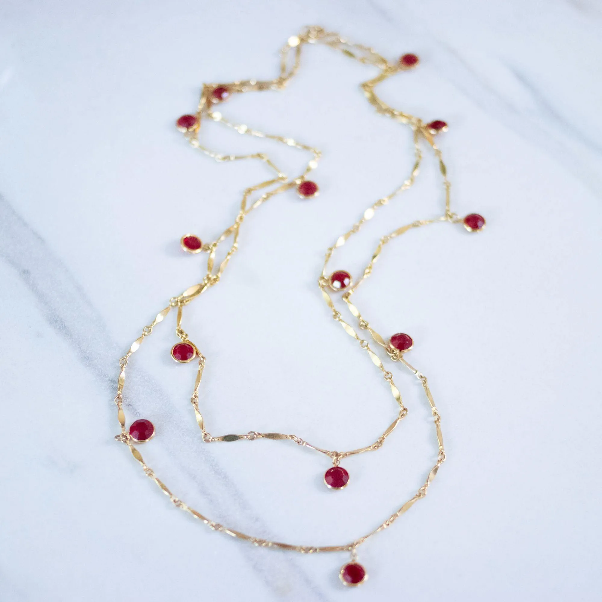 Vintage Gold Flat Link Necklace with Red Bezel Set Crystals