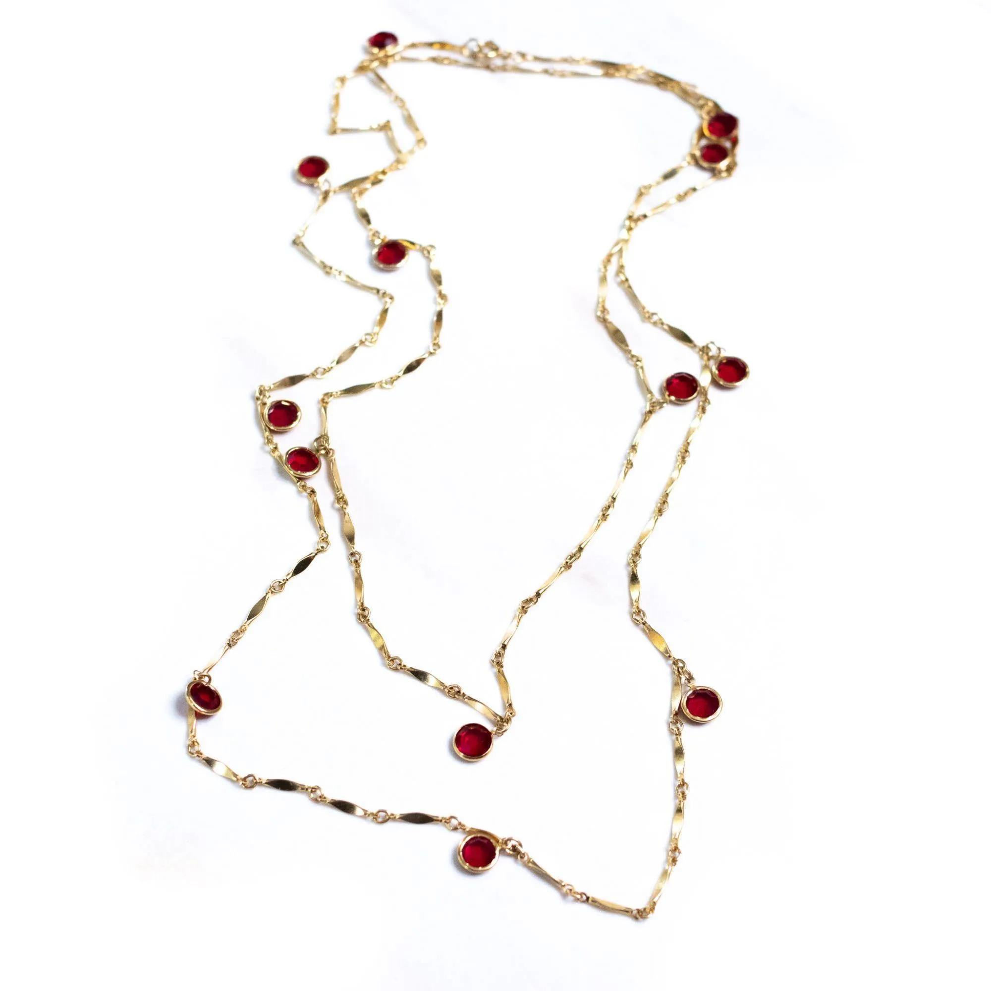 Vintage Gold Flat Link Necklace with Red Bezel Set Crystals