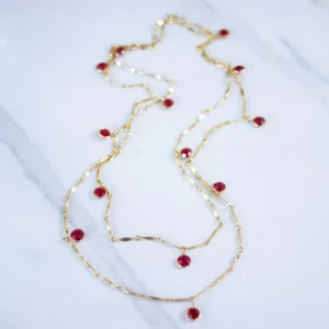 Vintage Gold Flat Link Necklace with Red Bezel Set Crystals