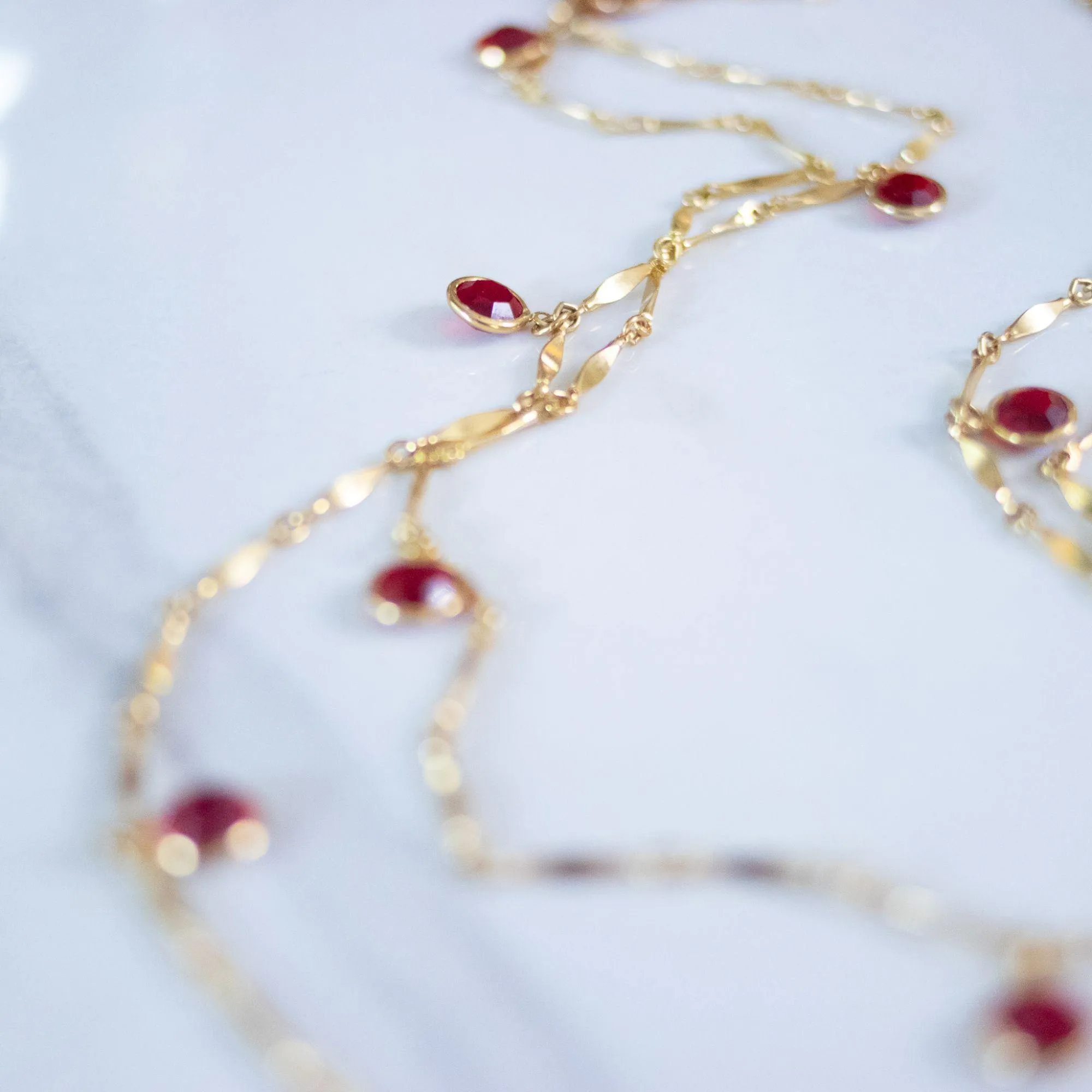 Vintage Gold Flat Link Necklace with Red Bezel Set Crystals