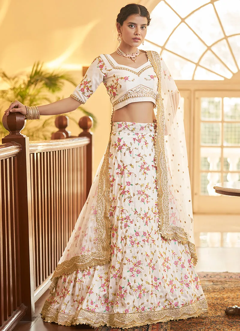 White Multi Zari Embroidery Wedding Silk Lehenga