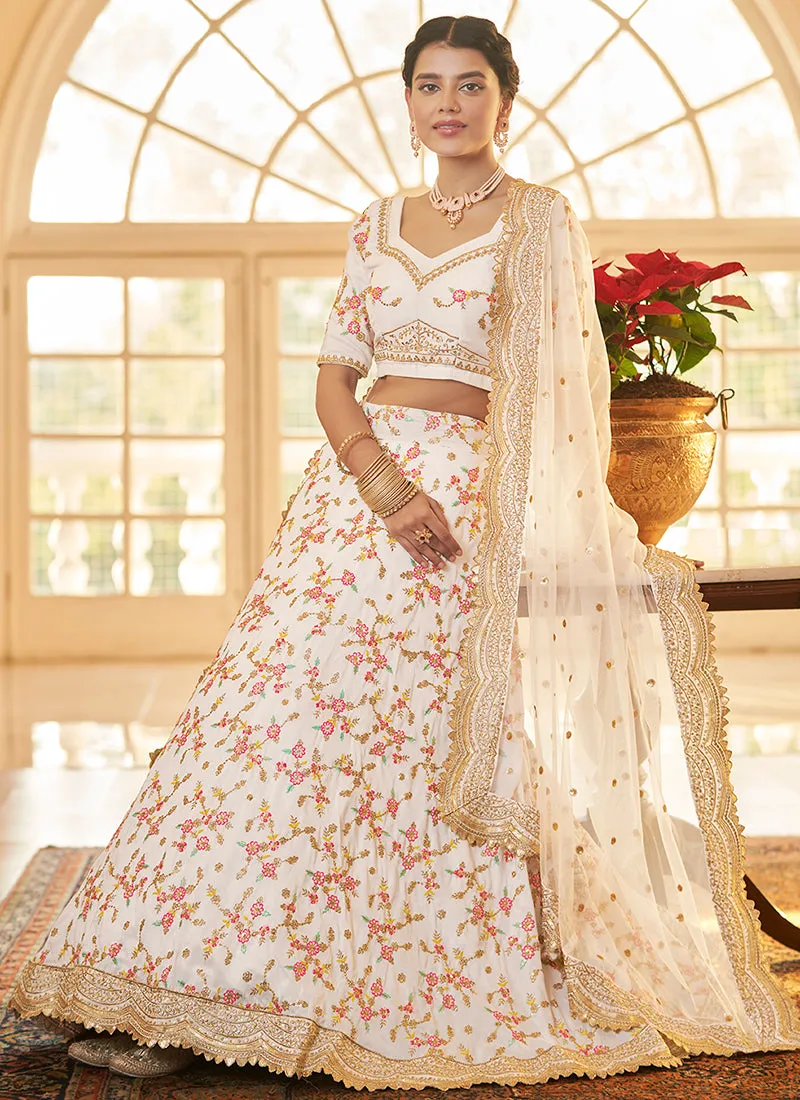 White Multi Zari Embroidery Wedding Silk Lehenga