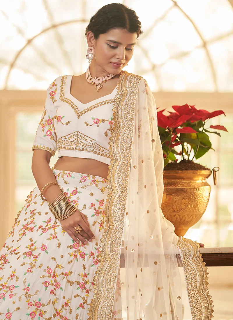 White Multi Zari Embroidery Wedding Silk Lehenga