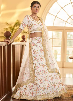White Multi Zari Embroidery Wedding Silk Lehenga