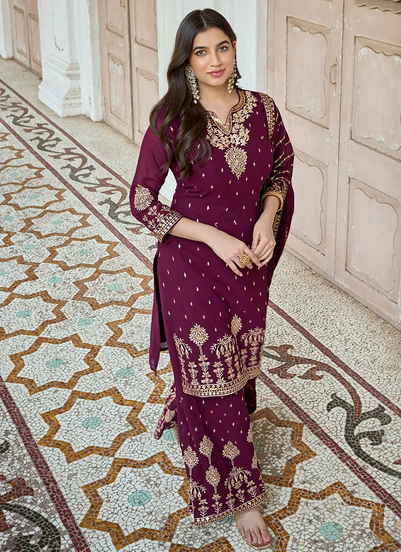 Wine Embroidery Traditional Georgette Palazzo Suit