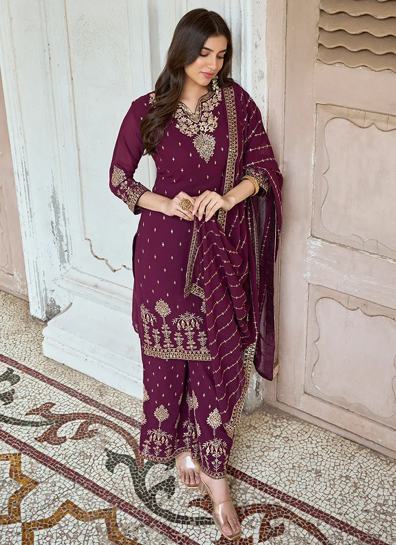 Wine Embroidery Traditional Georgette Palazzo Suit