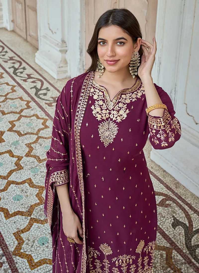 Wine Embroidery Traditional Georgette Palazzo Suit