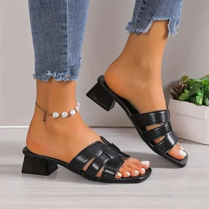 Women's Fashion Large Size Slippers Summer New Square Head Hollow Breathable Soft Bottom Temperament Low Heel Sandals