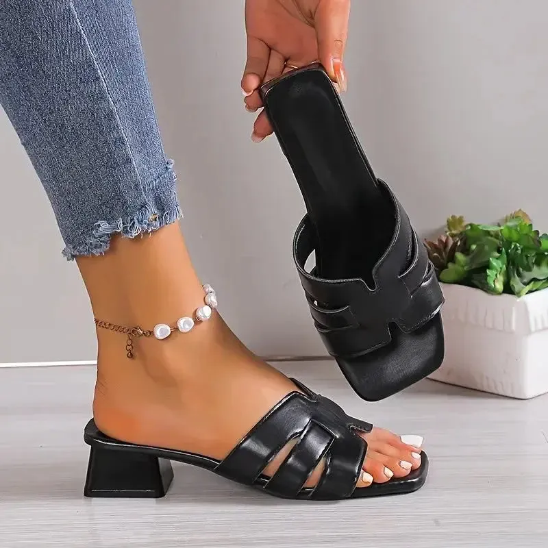 Women's Fashion Large Size Slippers Summer New Square Head Hollow Breathable Soft Bottom Temperament Low Heel Sandals