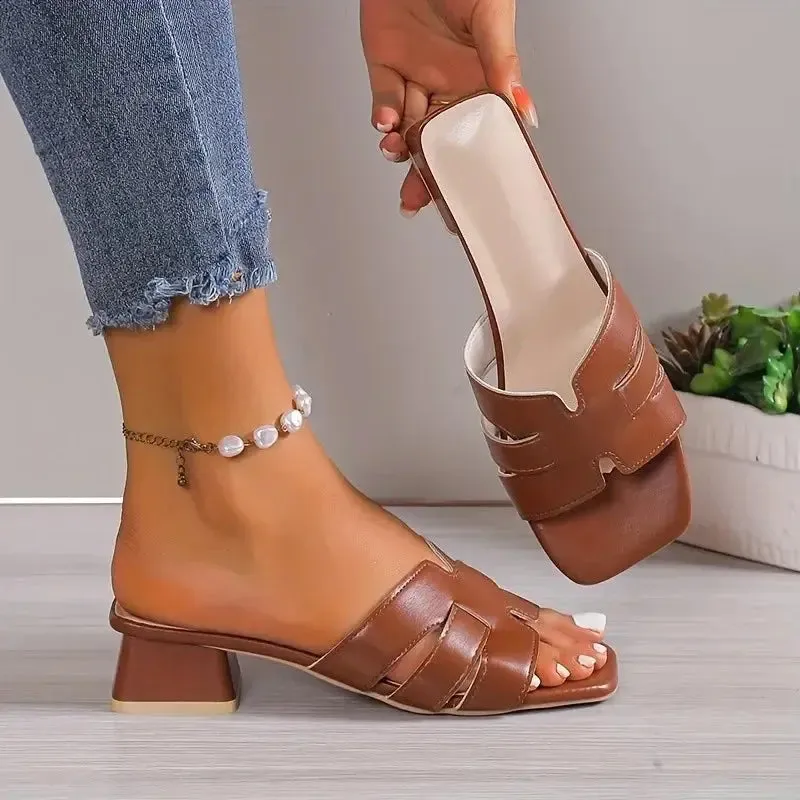 Women's Fashion Large Size Slippers Summer New Square Head Hollow Breathable Soft Bottom Temperament Low Heel Sandals