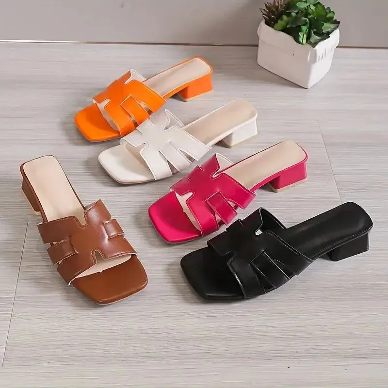 Women's Fashion Large Size Slippers Summer New Square Head Hollow Breathable Soft Bottom Temperament Low Heel Sandals