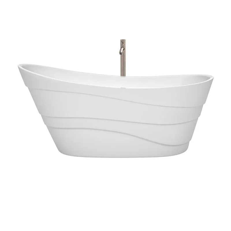 Wyndham Collection Kari 67 inch Soaking Bathtub in White with Brushed Nickel Trim, and Brushed Nickel Floor Mounted Faucet