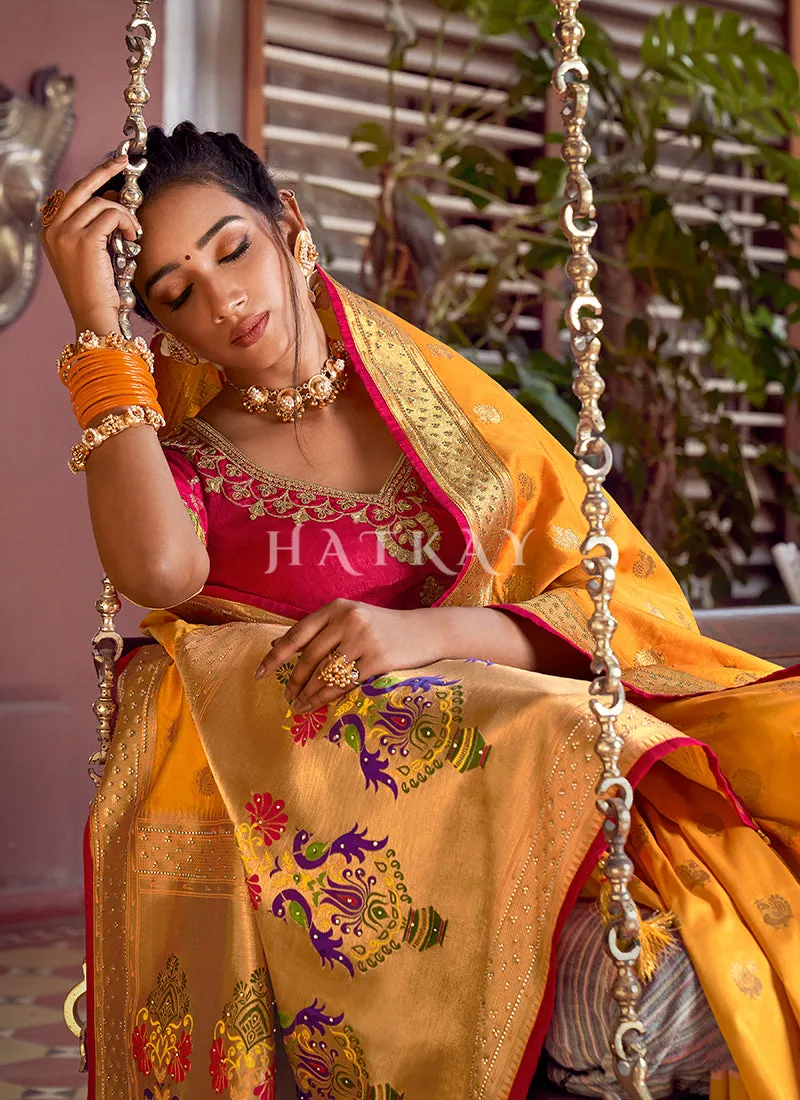 Yellow And Green Traditional Embroidered Silk Saree