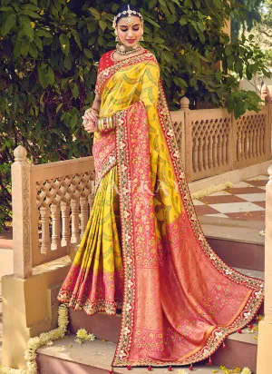 Yellow And Red Multi Embroidery Traditional Wedding Saree