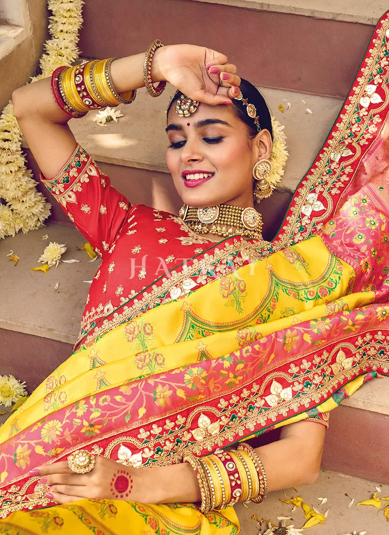 Yellow And Red Multi Embroidery Traditional Wedding Saree