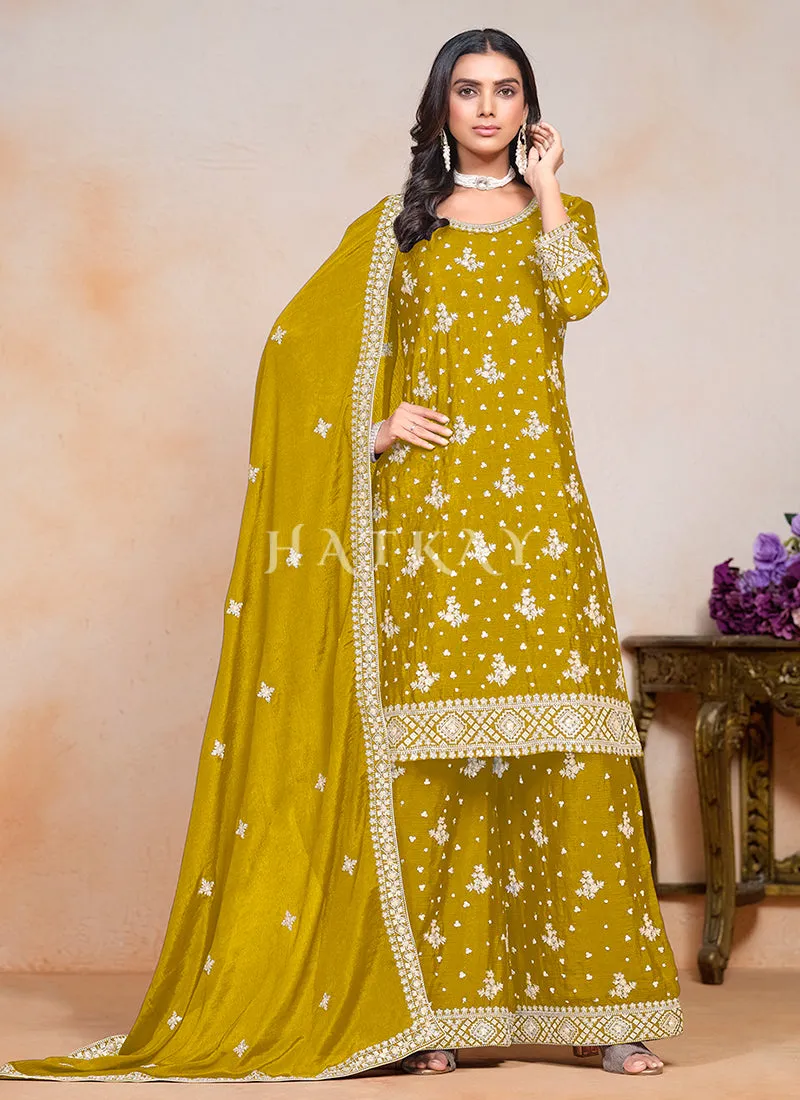 Yellow Embroidered Palazzo Style Suit