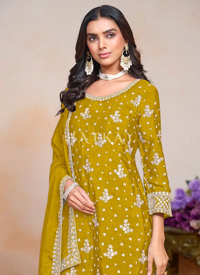 Yellow Embroidered Palazzo Style Suit