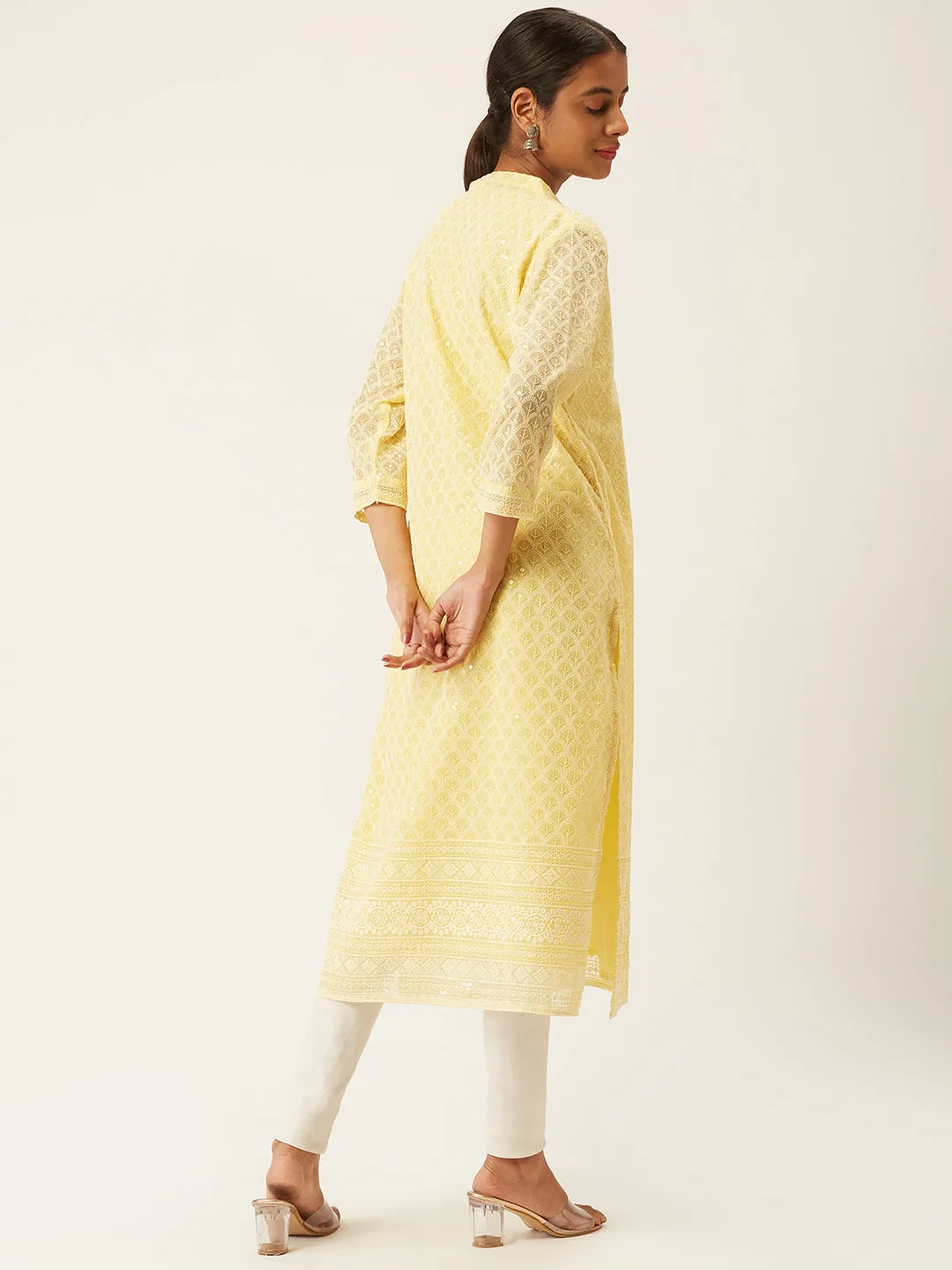 Yellow Georgette Mandarin Collar  3/4th Sleeves Chikankari Embroidery Ethnic Wear Kurta for Women - ZOLA