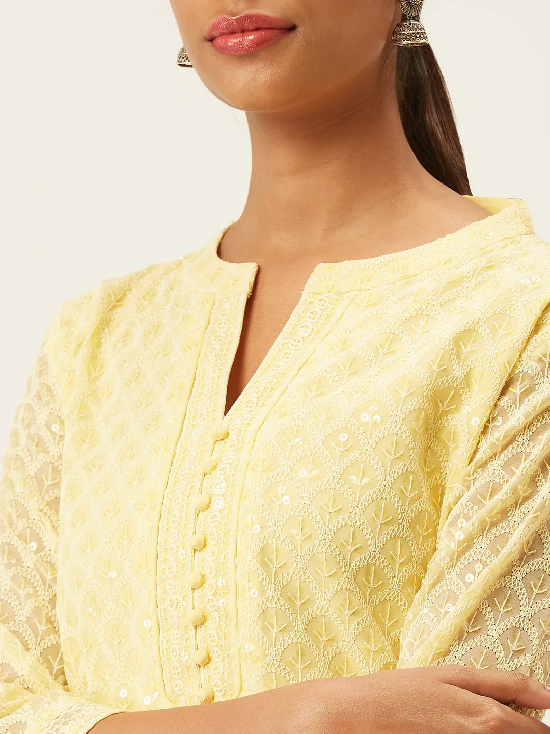Yellow Georgette Mandarin Collar  3/4th Sleeves Chikankari Embroidery Ethnic Wear Kurta for Women - ZOLA