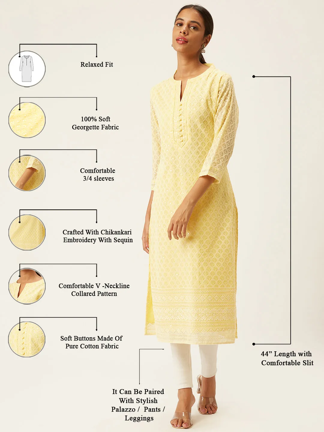 Yellow Georgette Mandarin Collar  3/4th Sleeves Chikankari Embroidery Ethnic Wear Kurta for Women - ZOLA
