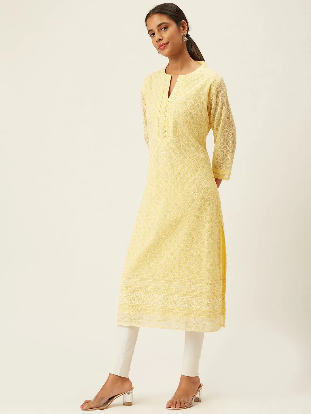 Yellow Georgette Mandarin Collar  3/4th Sleeves Chikankari Embroidery Ethnic Wear Kurta for Women - ZOLA