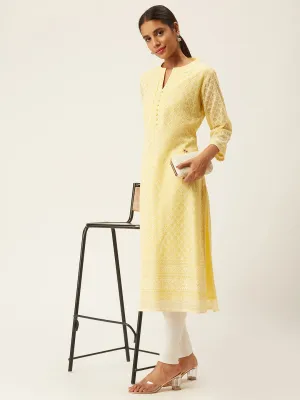 Yellow Georgette Mandarin Collar  3/4th Sleeves Chikankari Embroidery Ethnic Wear Kurta for Women - ZOLA