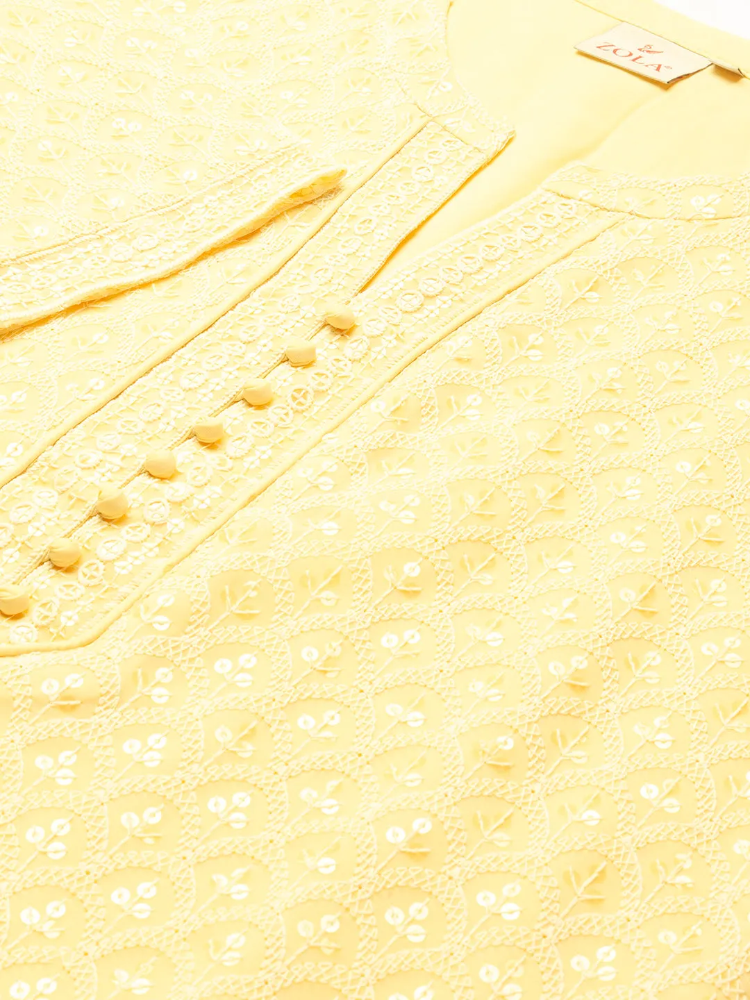 Yellow Georgette Mandarin Collar  3/4th Sleeves Chikankari Embroidery Ethnic Wear Kurta for Women - ZOLA
