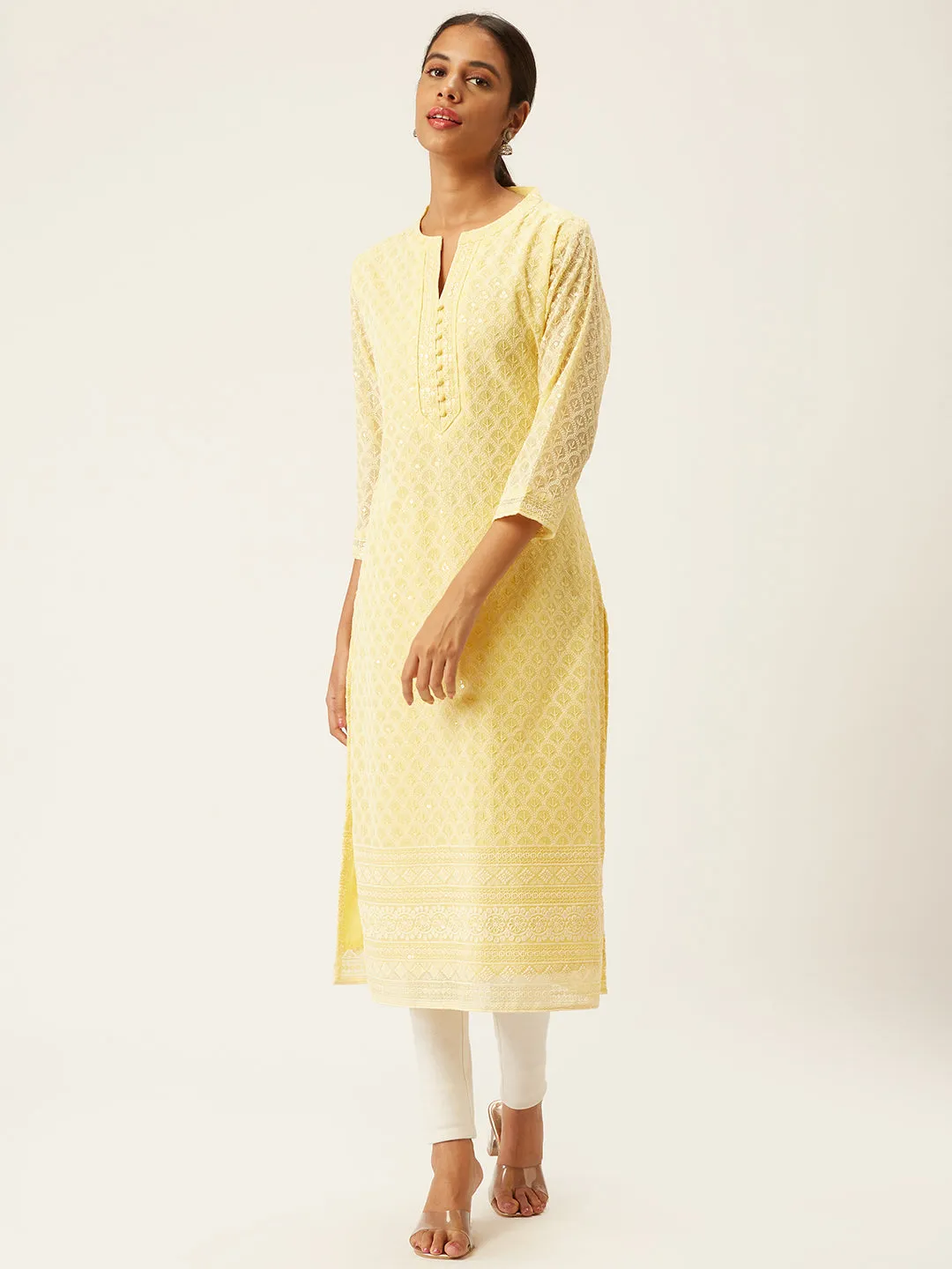 Yellow Georgette Mandarin Collar  3/4th Sleeves Chikankari Embroidery Ethnic Wear Kurta for Women - ZOLA