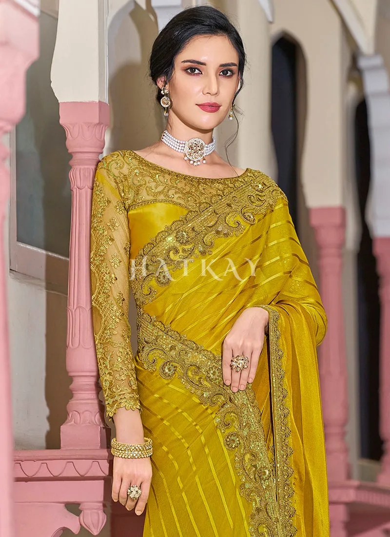 Yellow Sequence Embroidery Designer Silk Saree