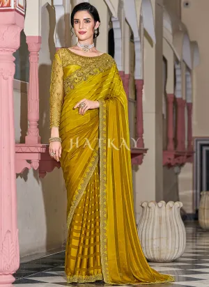 Yellow Sequence Embroidery Designer Silk Saree