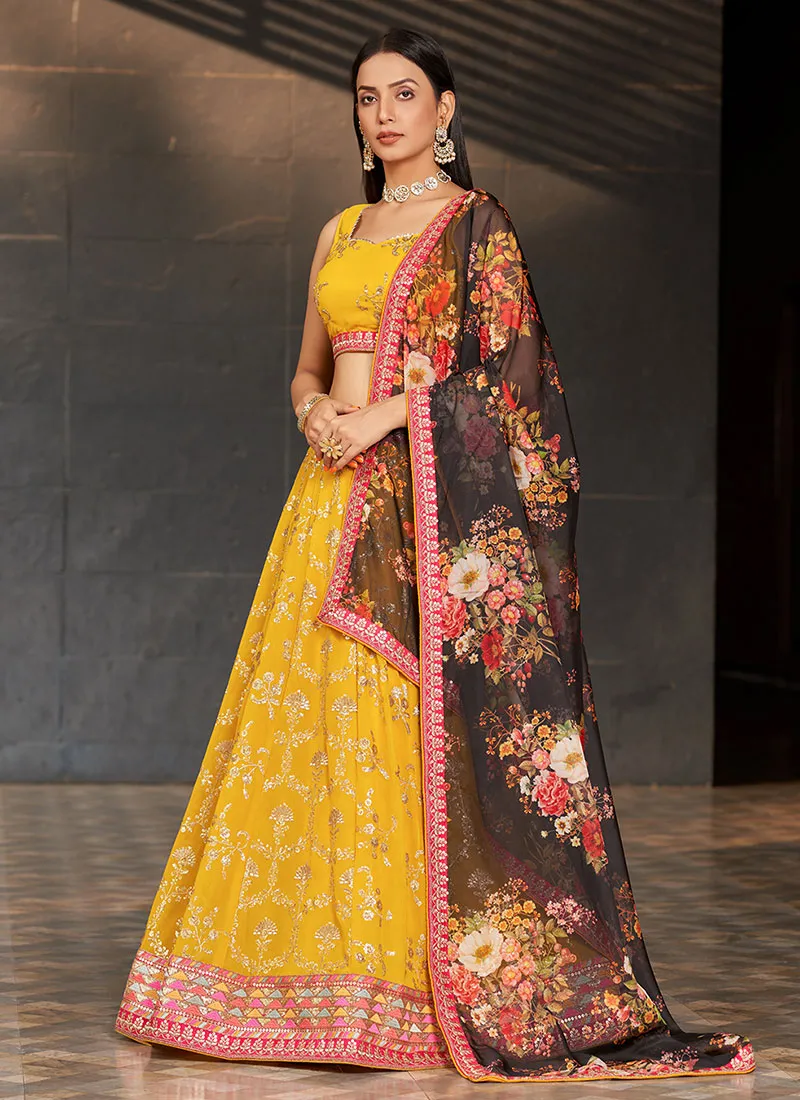 Yellow Sequence Embroidery Lehenga Choli And Dupatta
