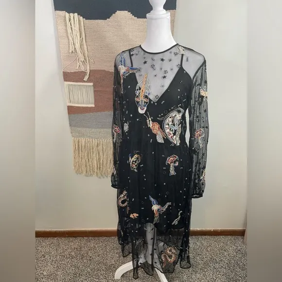 ZARA Astrology Embroidered Mesh Midi Dress RARE XS