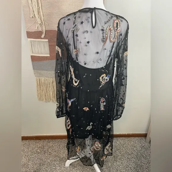 ZARA Astrology Embroidered Mesh Midi Dress RARE XS