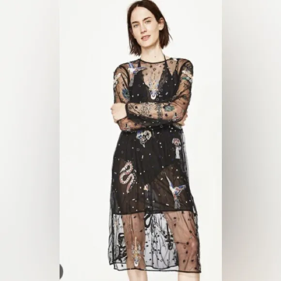 ZARA Astrology Embroidered Mesh Midi Dress RARE XS