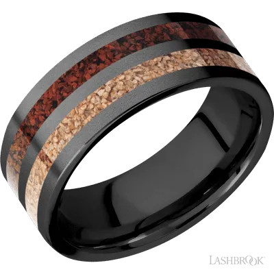 Zirconium flat band with red and tan dinosaur bone inlays