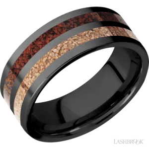 Zirconium flat band with red and tan dinosaur bone inlays